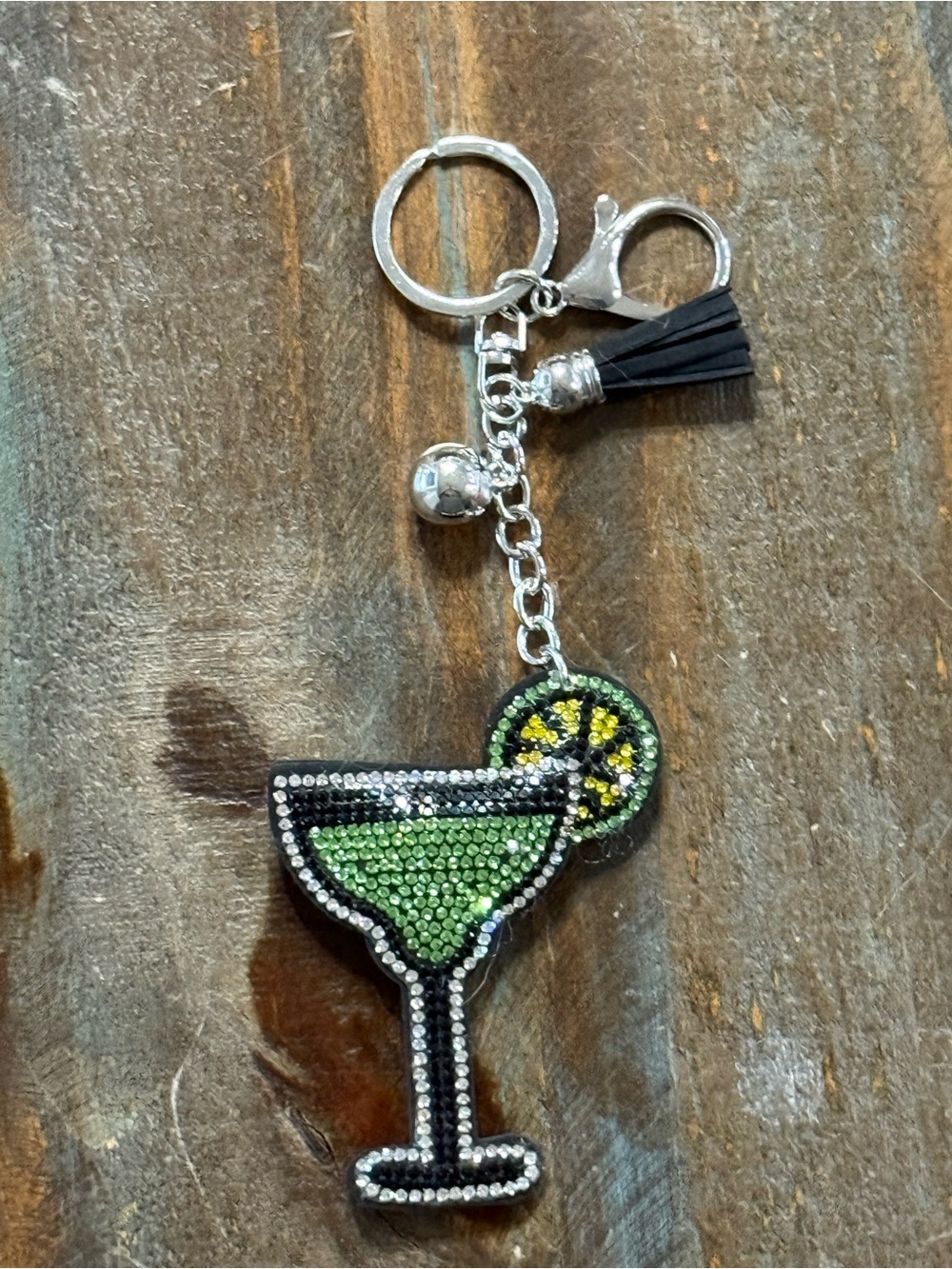 Rhinestone Margarita Glass Purse Charm/ Keychain with Tassel NWOT